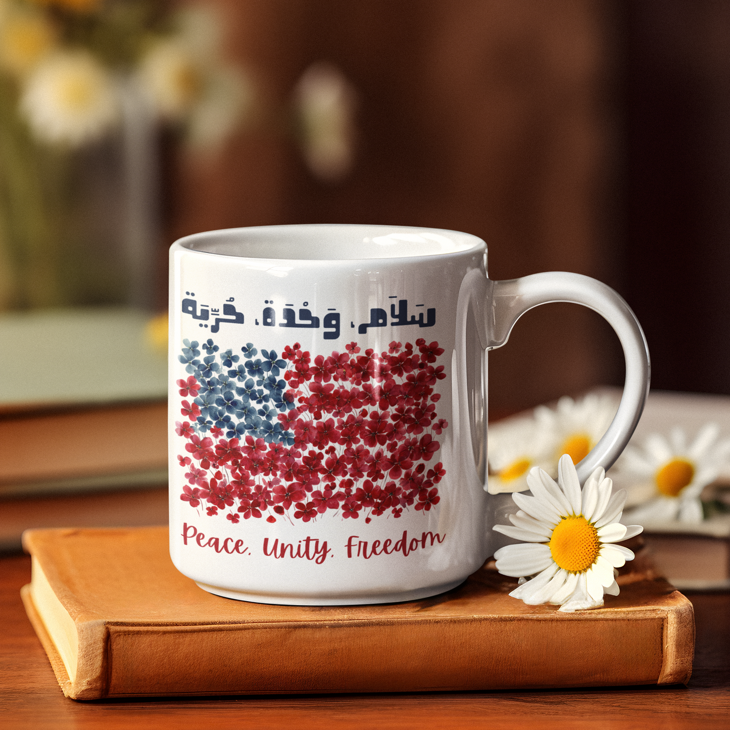 “Peace, Unity, Freedom” Bilingual Floral Flag Mug – Arabic & English