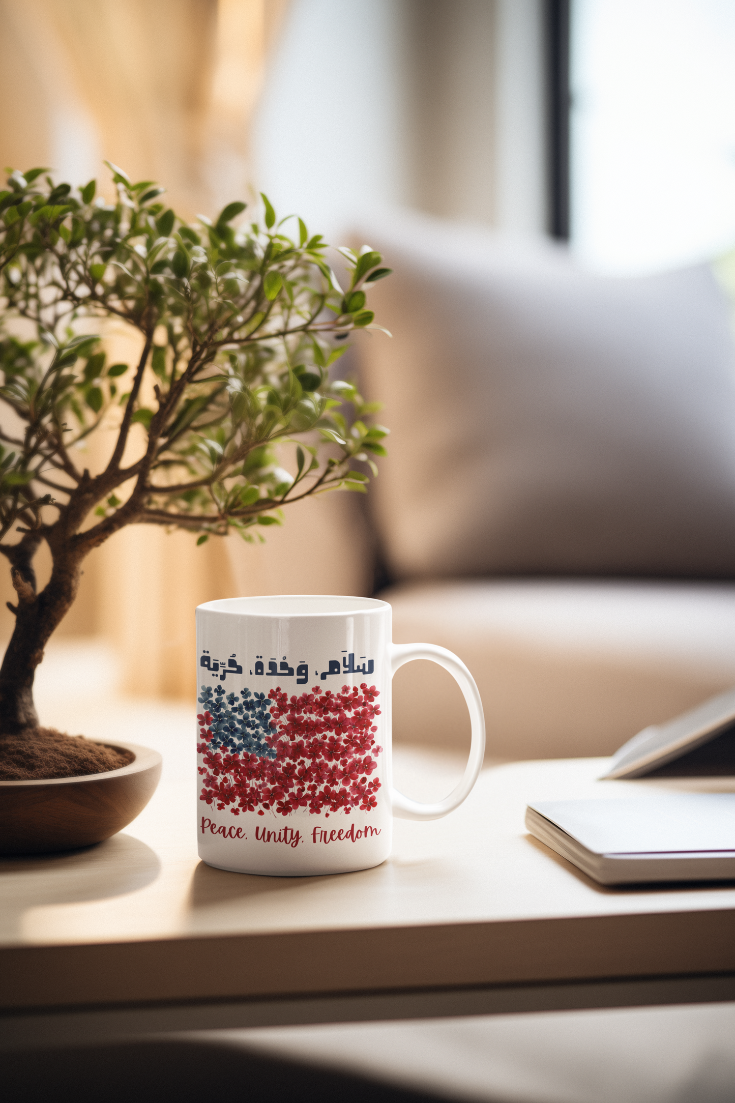 “Peace, Unity, Freedom” Bilingual Floral Flag Mug – Arabic & English