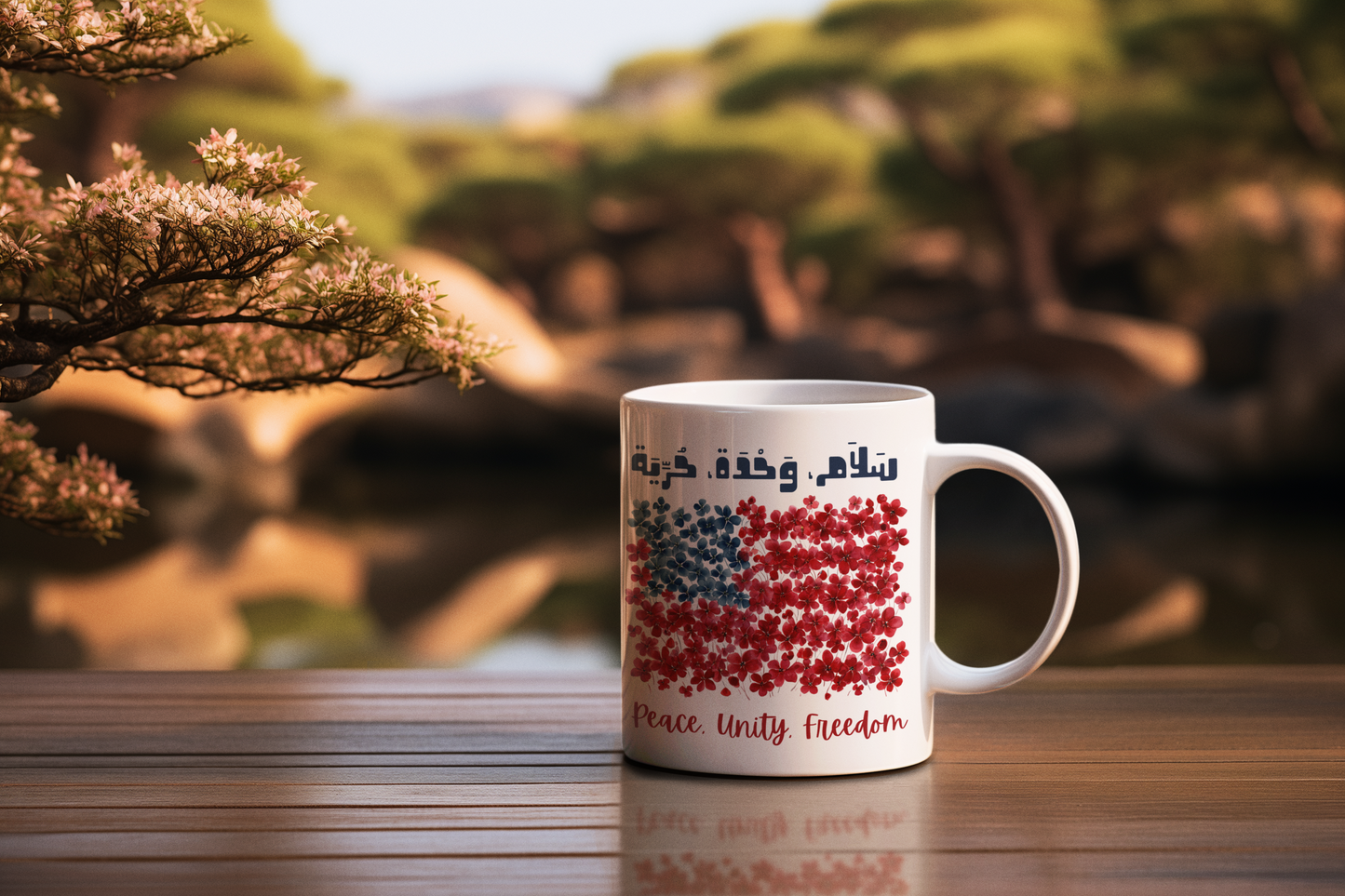 “Peace, Unity, Freedom” Bilingual Floral Flag Mug – Arabic & English