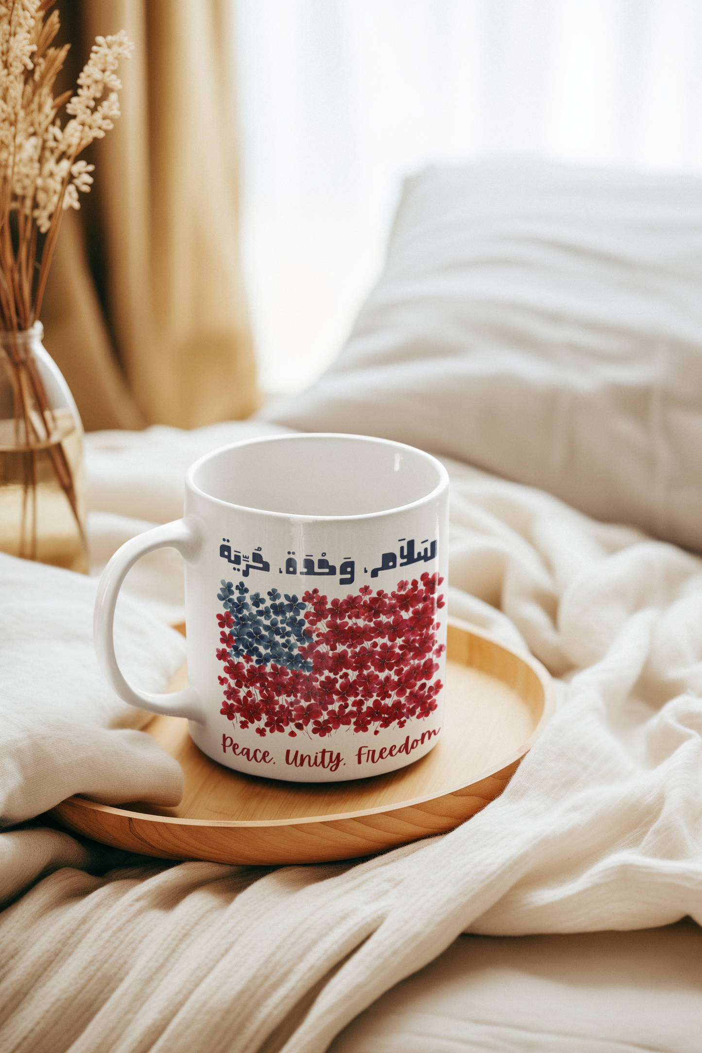 “Peace, Unity, Freedom” Bilingual Floral Flag Mug – Arabic & English